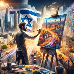 Image of an Israeli man creating a painting of a city.