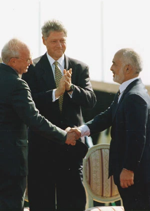 Prime Minister Yitzhak Rabin and King Hussein of Jordan signing the historic peace treaty in the Arava
